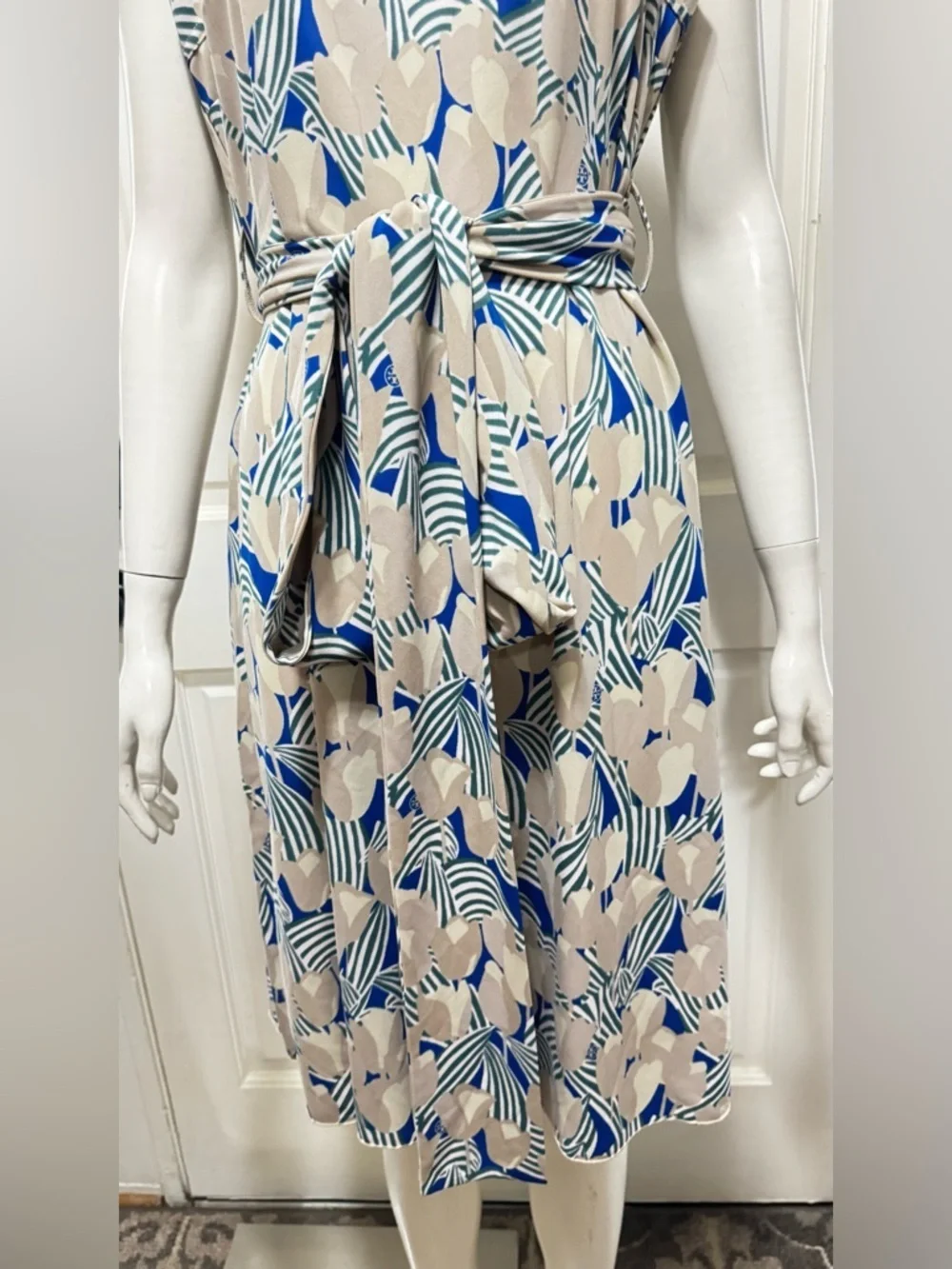 Tory Burch Blue & Beige Tulip Floral Maxi Dress with Self-Tie Waist Size Large